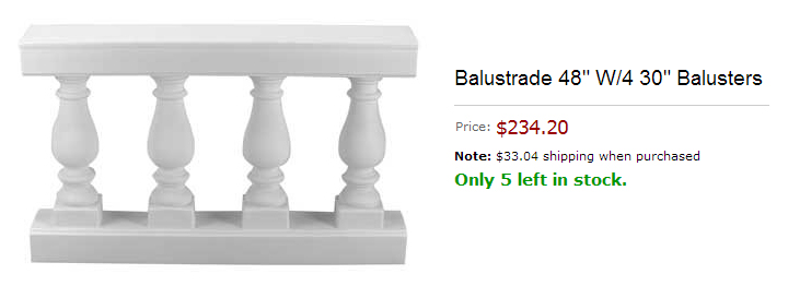 A screen capture of ready-made balustrade for purchase online.  It is four feet wide and has four spindles.  It costs $234.20.