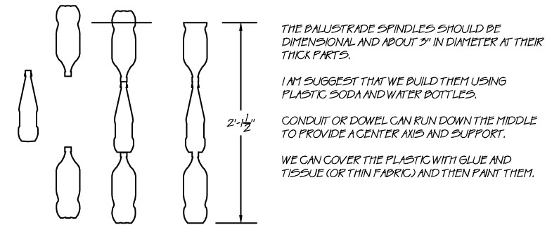 Line drawing of how to put plastic bottles together.  The balustrade spindles should be dimensional and about 3" in diameter at their thick parts.  Plastic soda or water bottles are suggested.  Conduit or dowel can run down the middle to provide a center axis and support. 