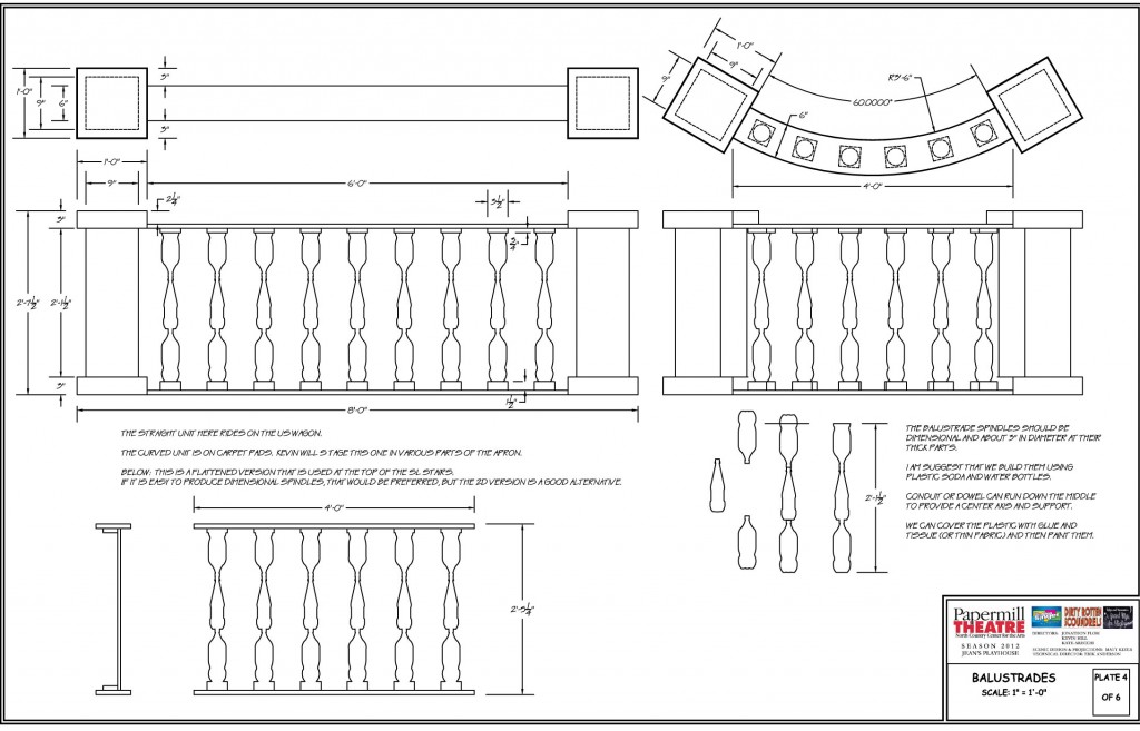 Orthographic drawings of the balustrade being discussed.  Top, front, and side views have been drafted with details and instructions.