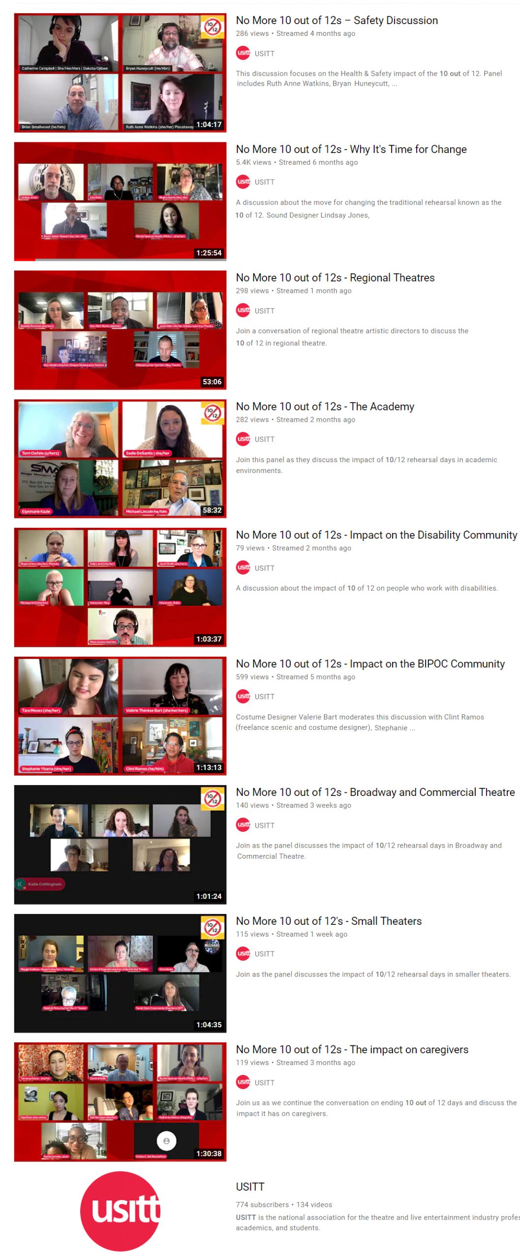 Nine different video screens are shown from the USITT YouTube channel.  Each shows an arrangement of panelists giving Zoom discussions about different aspects of the 10 out of 12 topic.