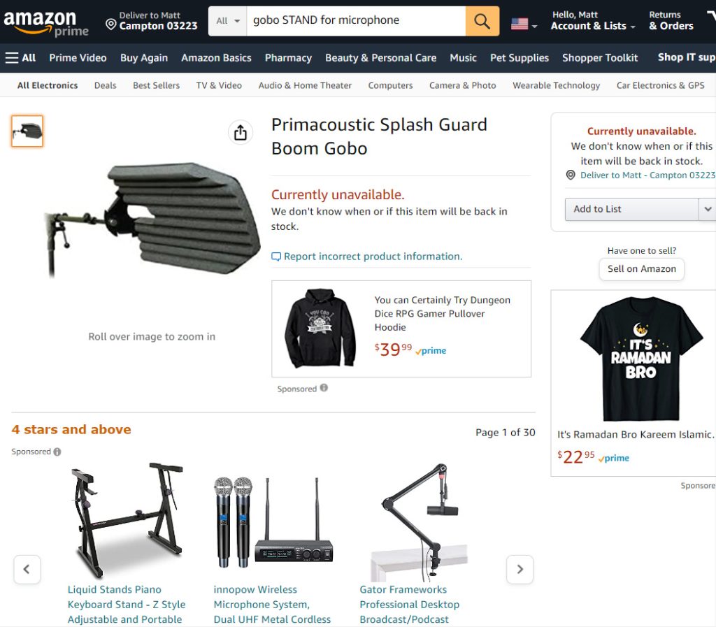 Mircophone gobo titled "Prismatic Splash Guard Boom Gobo" on Amazon.com page.