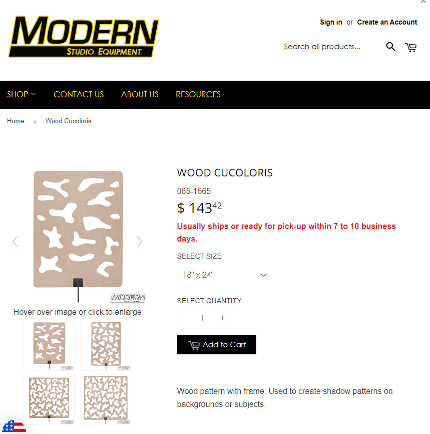 A website listing wooden cucoloris' or cooikes for sale